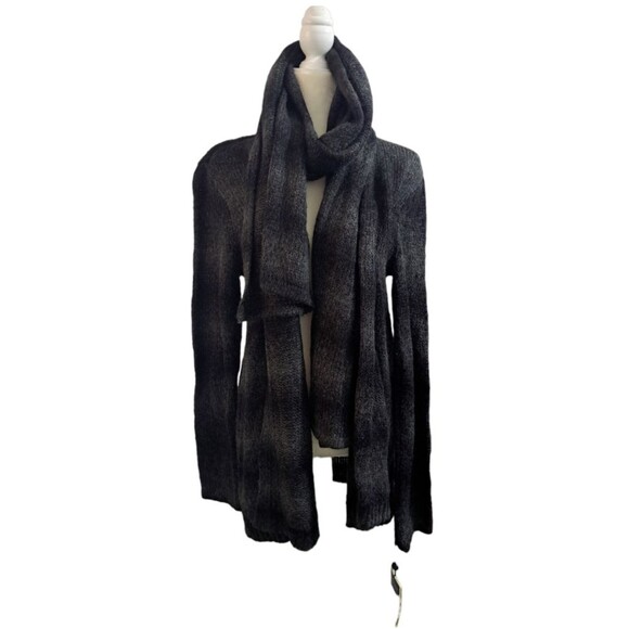 Elie Tahari Woman's Knit Open Cardigan Removable Scarf Grey Black Long Sleeves L - Picture 3 of 10